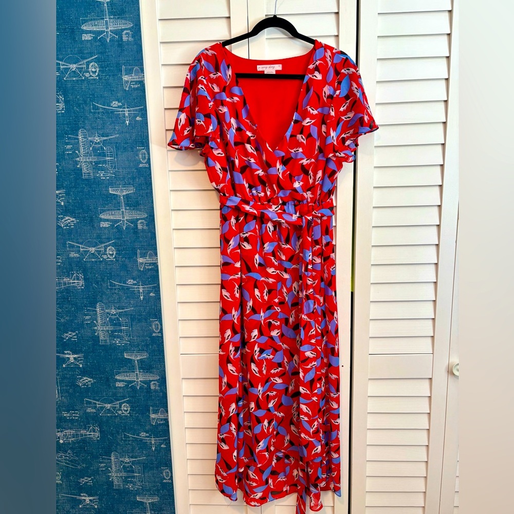 Red Floral Wrap-Style Midi Dress